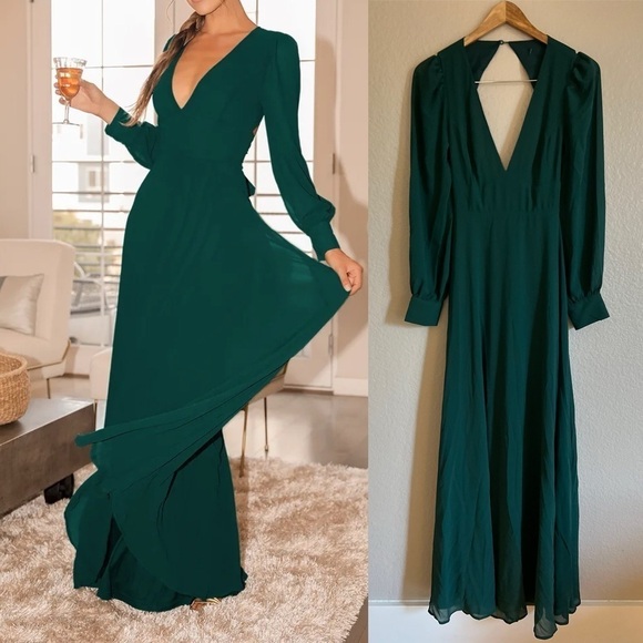 Lulus Dresses & Skirts - Talk About Divine Hunter Green Long Sleeve Backless Maxi Dress